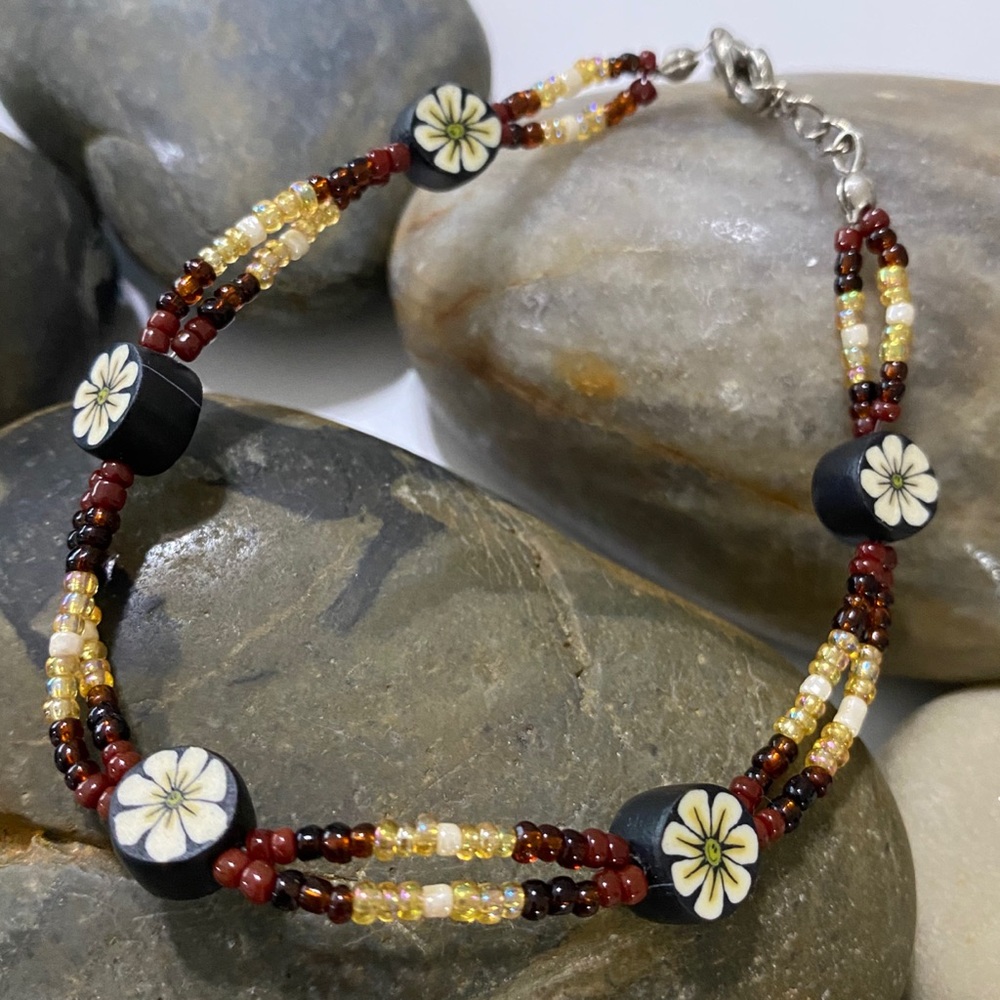 Handmade Brown & White Hibiscus Fimo Polymer Clay Beaded Boho Ankle Bracelet